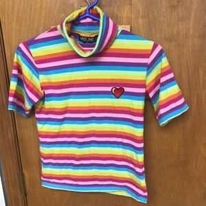 Lazy Oaf Rainbow Striped Embroidered Heart Turtleneck Tee